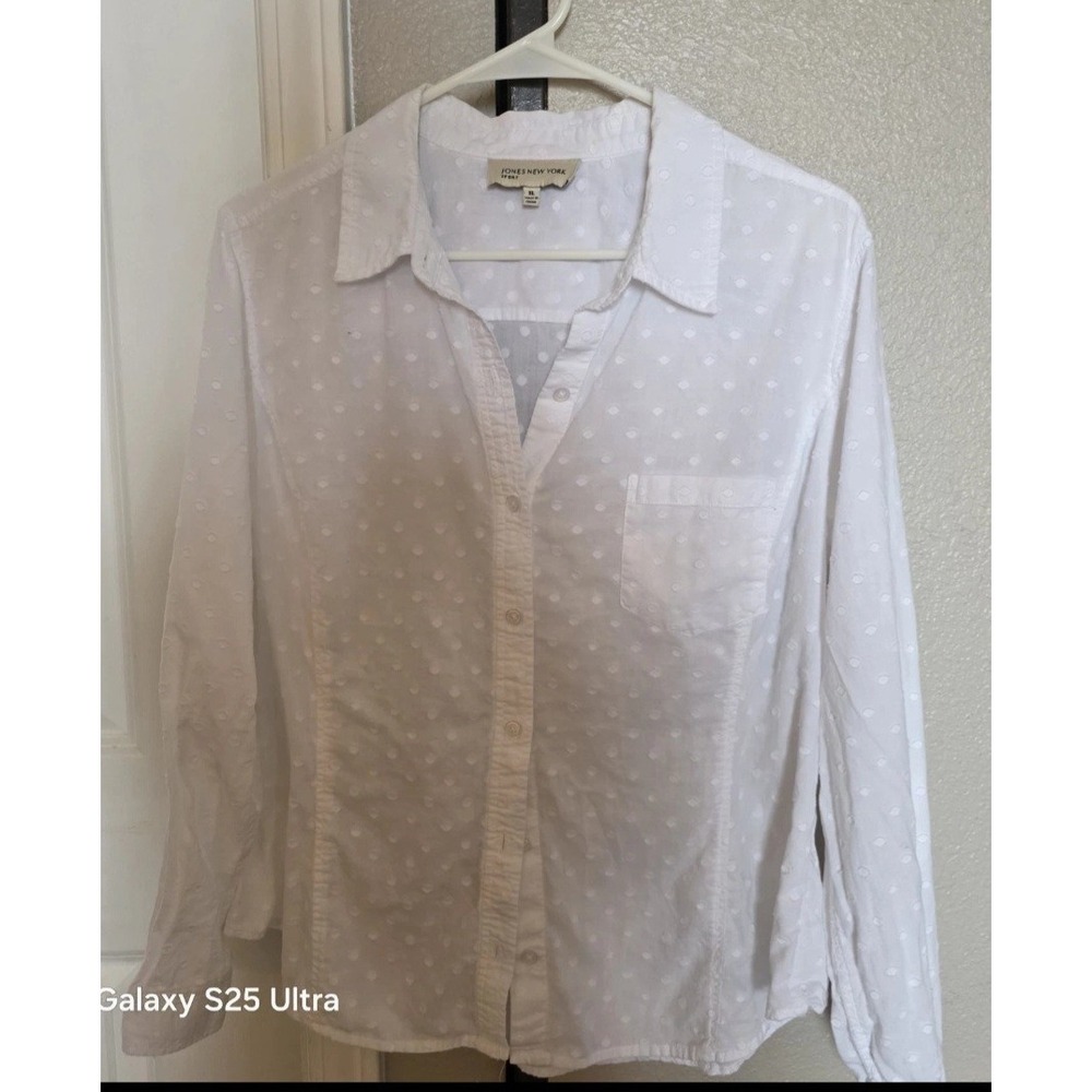 Jones New York Sport White Polka-Dot Long Sleeve Button Up Shirt XL Cotton